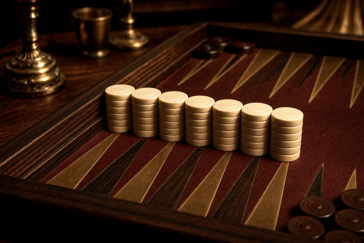 A backgammon board showing a wall of stacked checkers forming a blockade