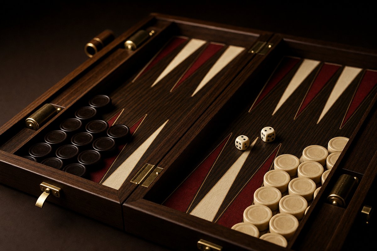 Dark backgammon checkers held deep in the corner points of the board under moody light