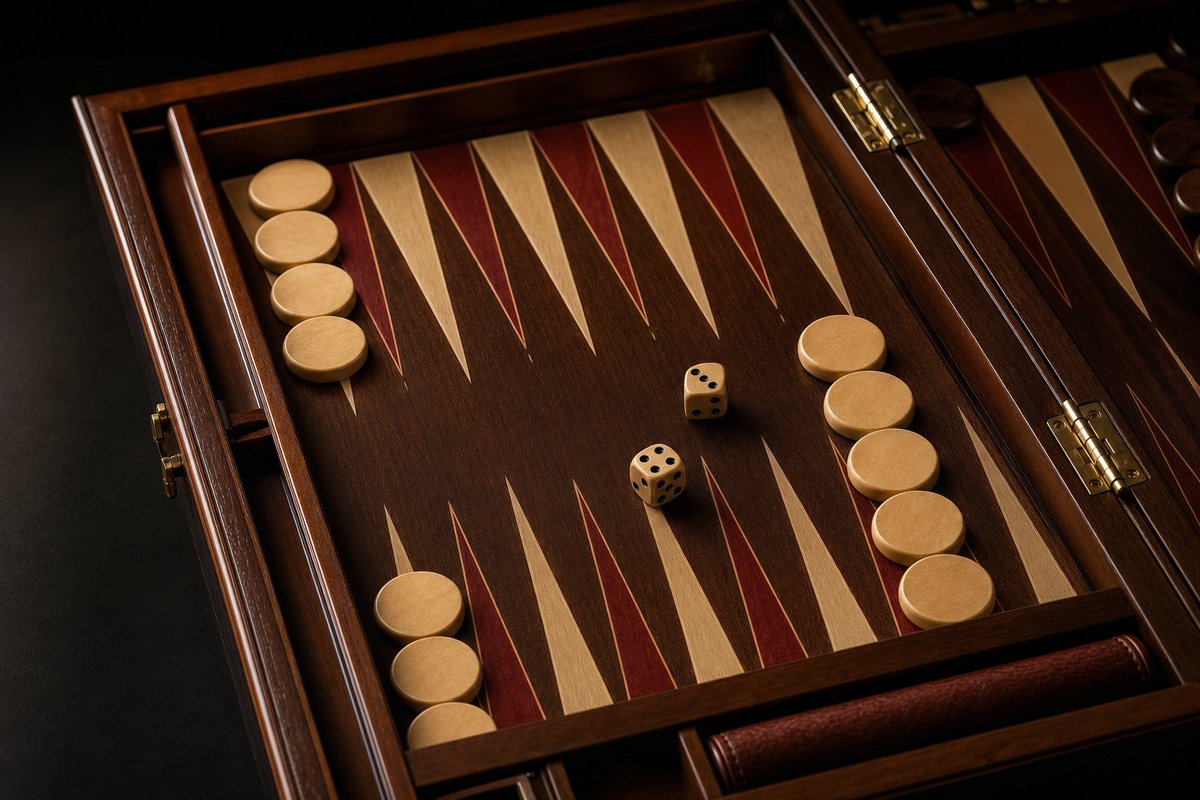 Cream backgammon checkers gathering onto the inner points of a near-complete home board