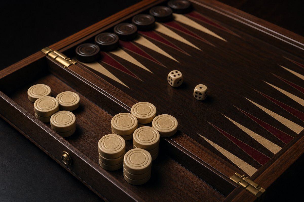 Cream backgammon checkers stacked in the home board, with several already borne off into a side tray