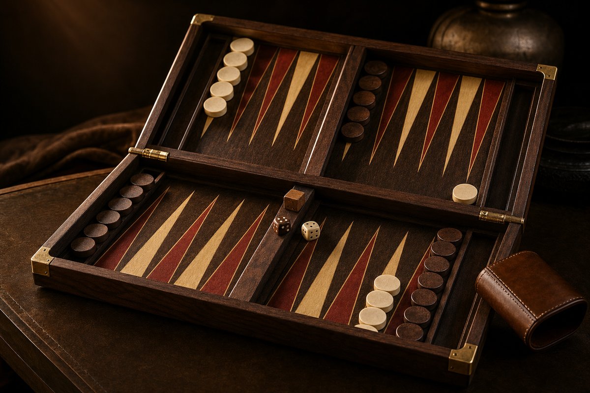 A walnut backgammon board with inlaid oxblood and cream points, wooden checkers, dice and a brass doubling cube