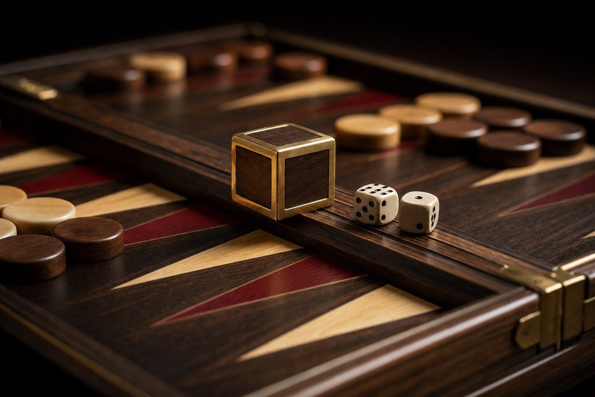 A brass and dark-wood doubling cube on the bar of a backgammon board, with two dice beside it