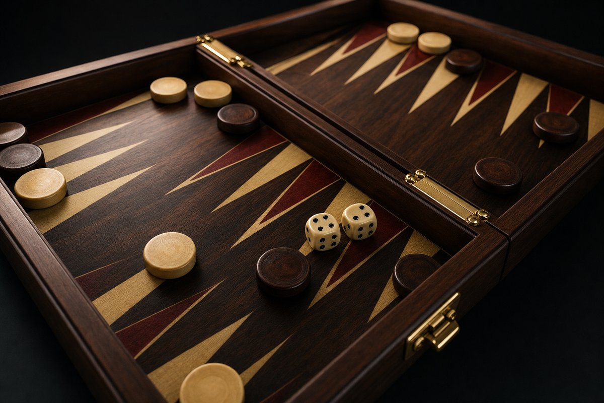 A pair of dice beside checkers spread across several points of the board, suggesting many possible moves