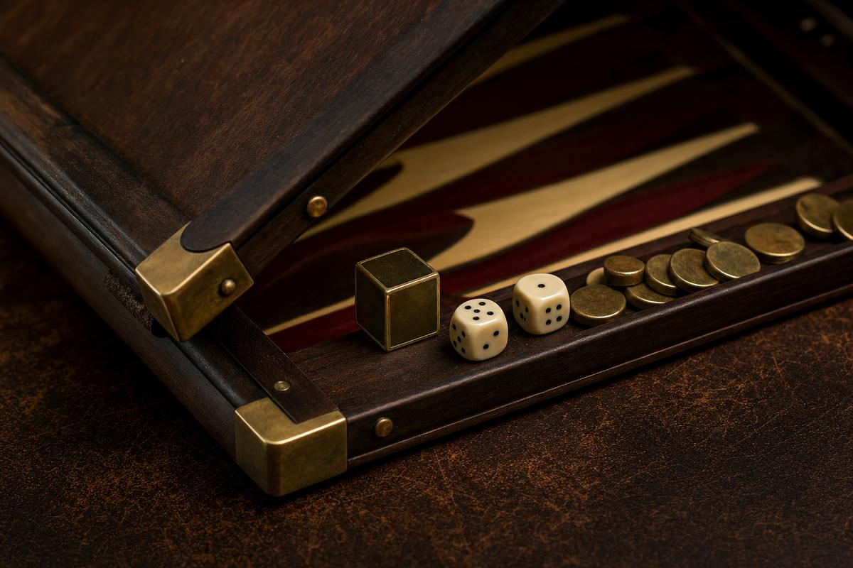 A half-open dark-walnut backgammon board with brass corner fittings, a doubling cube and two dice on the bar beside a row of worn brass gaming tokens
