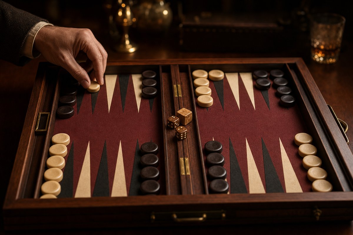 A backgammon board set up in the starting position with two dice and a doubling cube