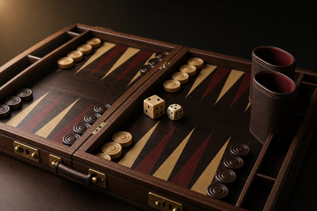 A backgammon board with a doubling cube, dice and leather dice cups in warm focused light
