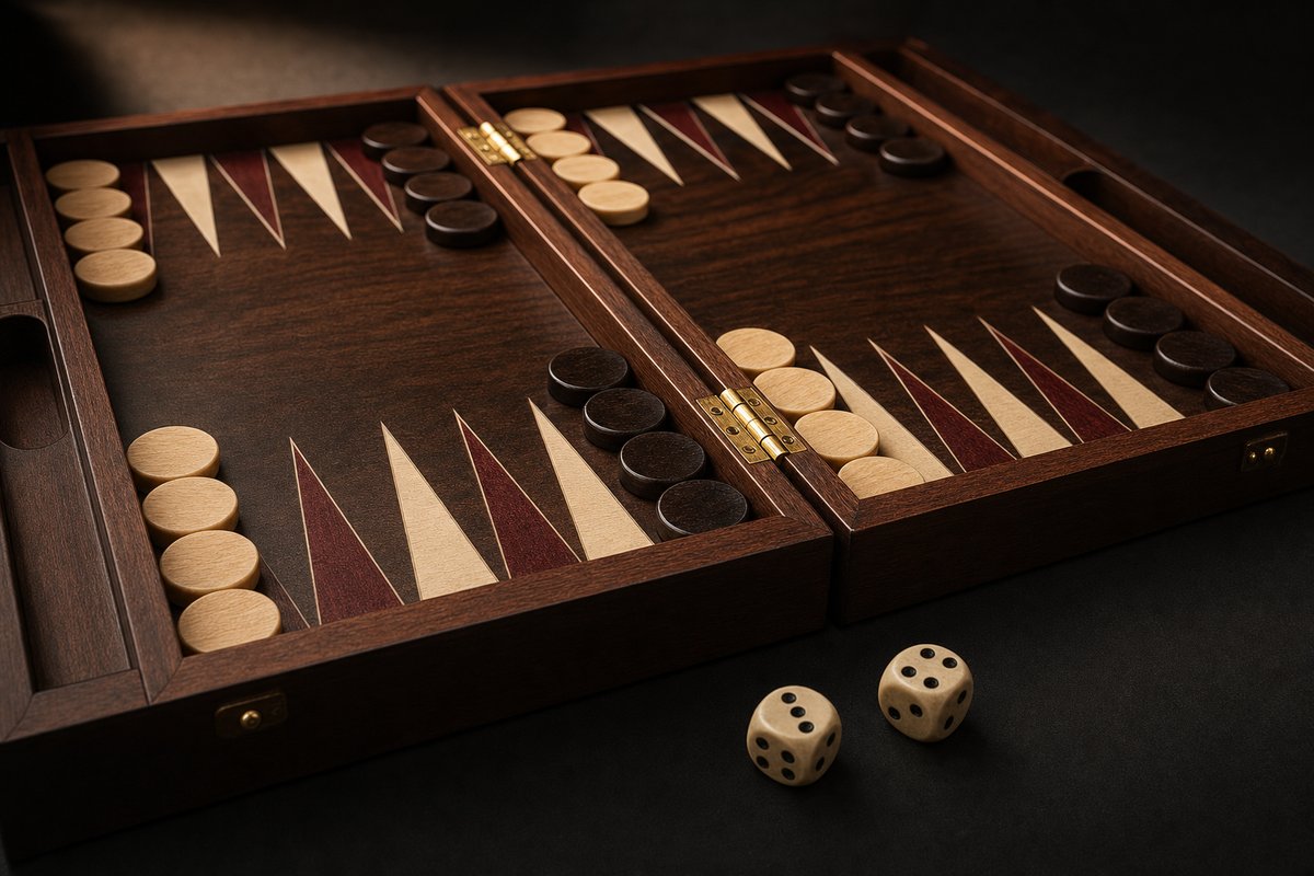 A backgammon board in its opening position with two freshly thrown dice in the foreground
