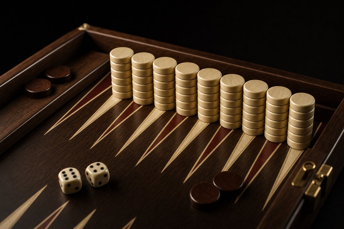 A wall of stacked cream checkers forming a blockade across several consecutive points