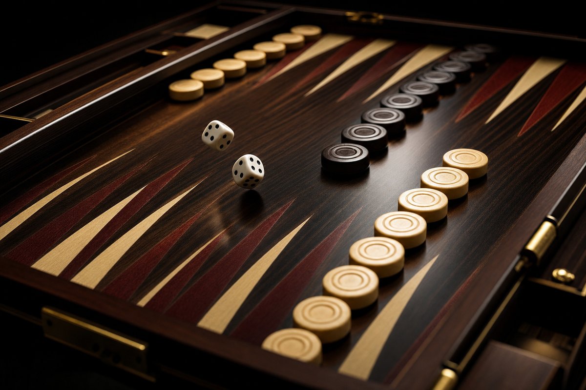 Two lines of backgammon checkers sweeping around the board toward home, with dice mid-roll